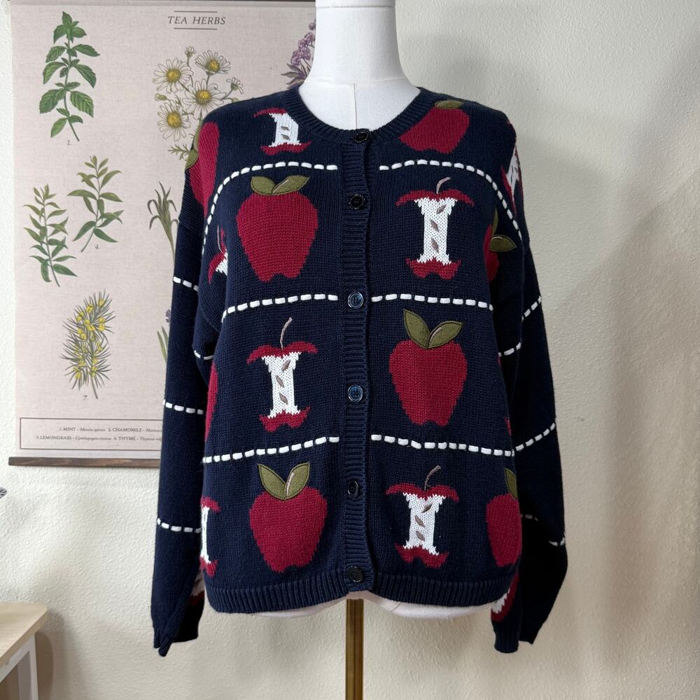 Y2k Embroidered Apple Cardigan Sweater Whimsy Twee Novelty Art Teacher Cottage L - Picture 2 of 10